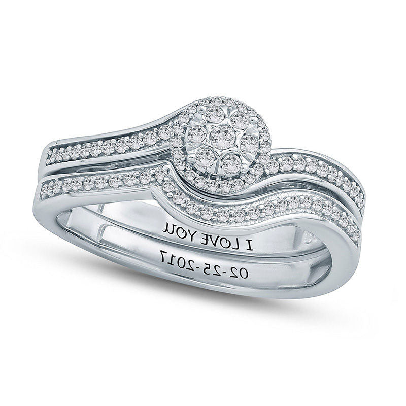 Image of ID 1 025 CT TW Natural Diamond Composite Swirl Frame Bridal Engagement Ring Set in Sterling Silver (2 Lines)