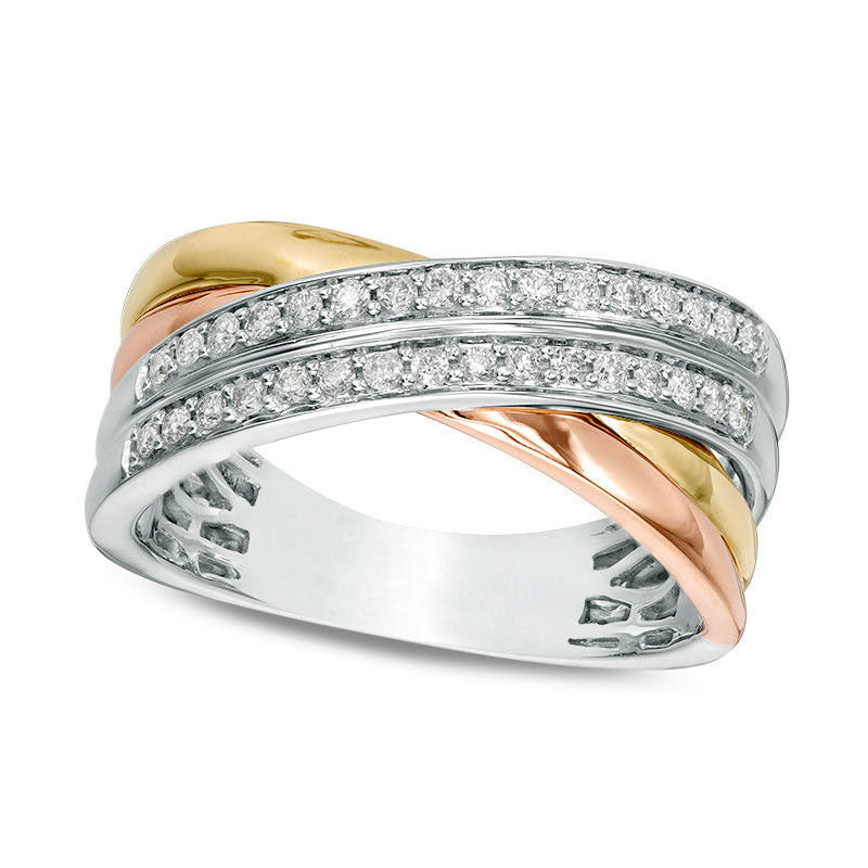 Image of ID 1 025 CT TW Natural Diamond Crossover Ring in Solid 10K Tri-Tone Gold