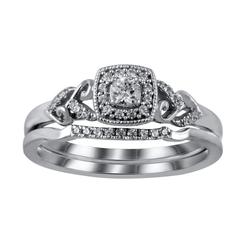 Image of ID 1 025 CT TW Natural Diamond Cushion Frame Heart-Sides Antique Vintage-Style Bridal Engagement Ring Set in Sterling Silver