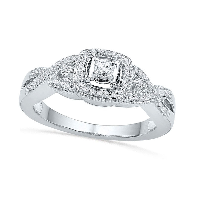 Image of ID 1 025 CT TW Natural Diamond Cushion Frame Twist Shank Promise Ring in Sterling Silver