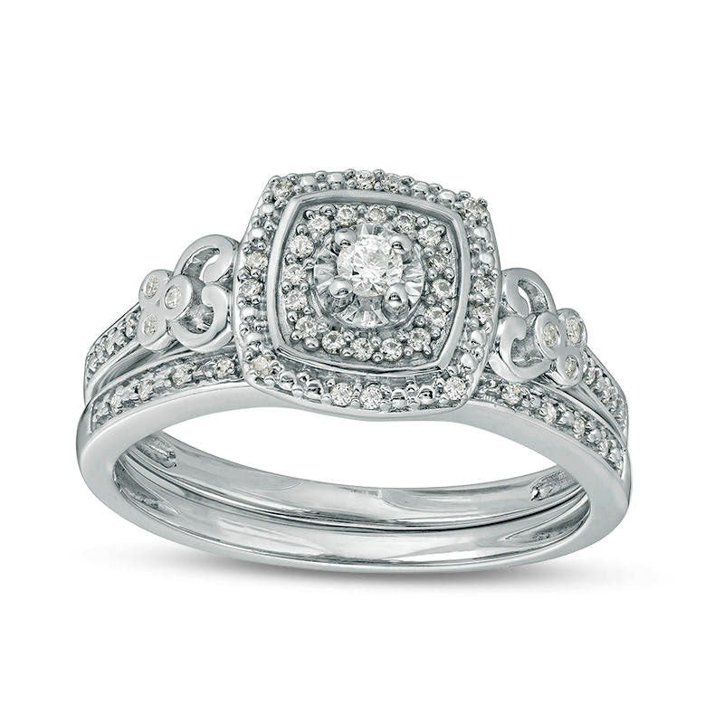 Image of ID 1 025 CT TW Natural Diamond Double Cushion Frame Filigree Bridal Engagement Ring Set in Sterling Silver