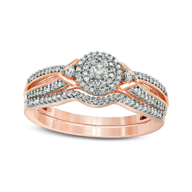 Image of ID 1 025 CT TW Natural Diamond Double Frame V-Sides Bridal Engagement Ring Set in Solid 10K Rose Gold