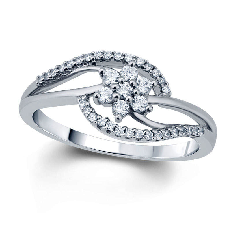 Image of ID 1 025 CT TW Natural Diamond Flower Cluster Swirl Bypass Promise Ring in Solid 10K White Gold