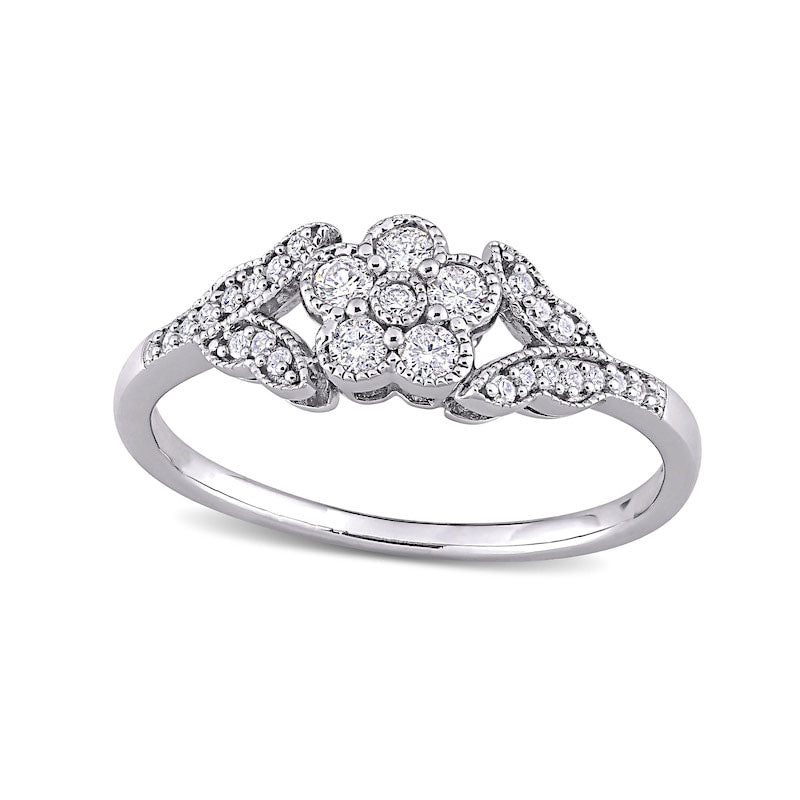 Image of ID 1 025 CT TW Natural Diamond Flower and Leaves Antique Vintage-Style Ring in Sterling Silver