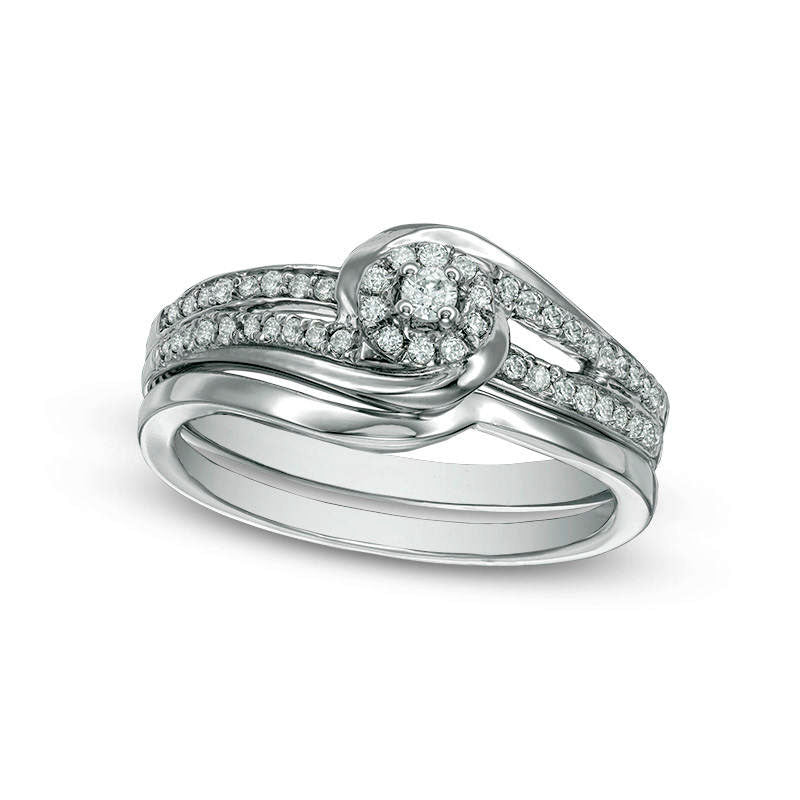 Image of ID 1 025 CT TW Natural Diamond Frame Swirl Bypass Bridal Engagement Ring Set in Sterling Silver