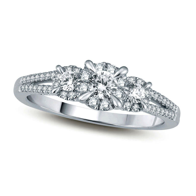 Image of ID 1 025 CT TW Natural Diamond Frame Three Stone Split Shank Promise Ring in Solid 10K White Gold
