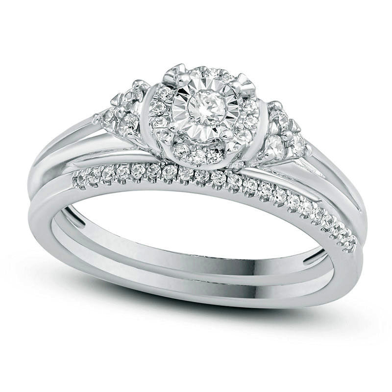 Image of ID 1 025 CT TW Natural Diamond Frame Tri-Sides Bridal Engagement Ring Set in Sterling Silver