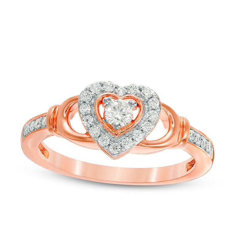 Image of ID 1 025 CT TW Natural Diamond Heart Frame Claddagh-Style Promise Ring in Solid 10K Rose Gold