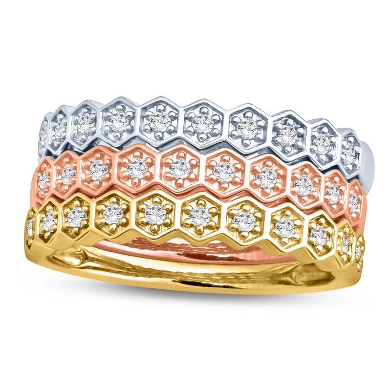 Image of ID 1 025 CT TW Natural Diamond Honeycomb Three Piece Stackable Band Set in Solid 10K Tri-Tone Gold