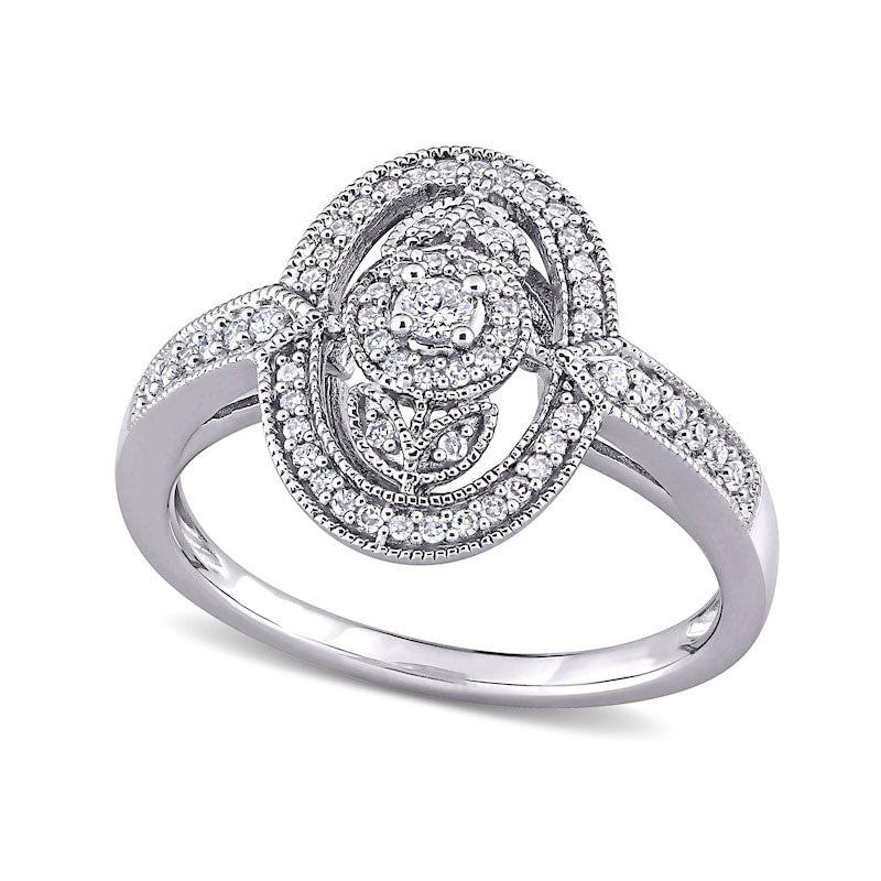 Image of ID 1 025 CT TW Natural Diamond Open Oval Frame Flower Antique Vintage-Style Ring in Sterling Silver
