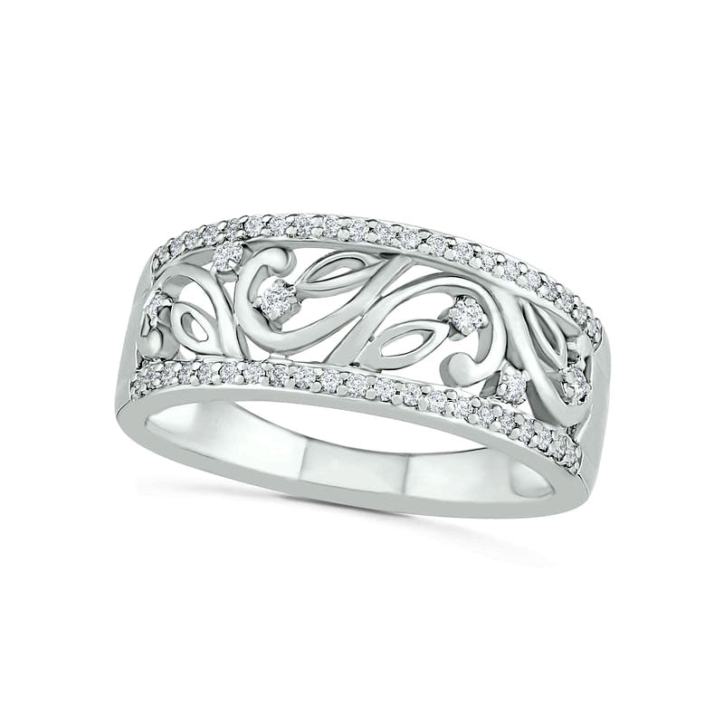 Image of ID 1 025 CT TW Natural Diamond Ornate Leaf Filigree Ring in Sterling Silver