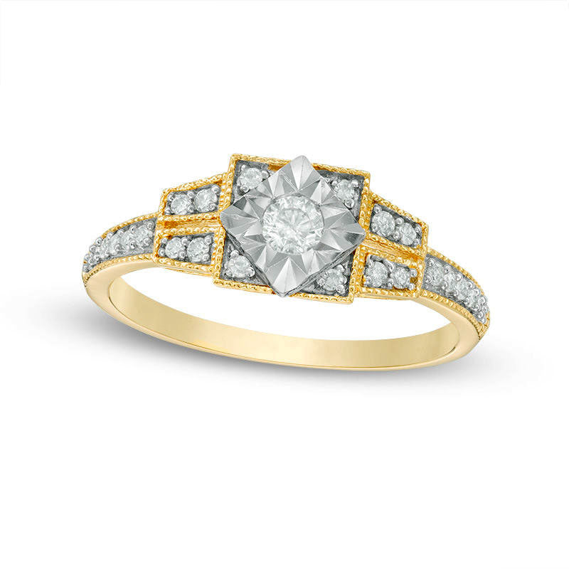Image of ID 1 025 CT TW Natural Diamond Square Frame Art Deco Antique Vintage-Style Promise Ring in Sterling Silver with Yellow Rhodium