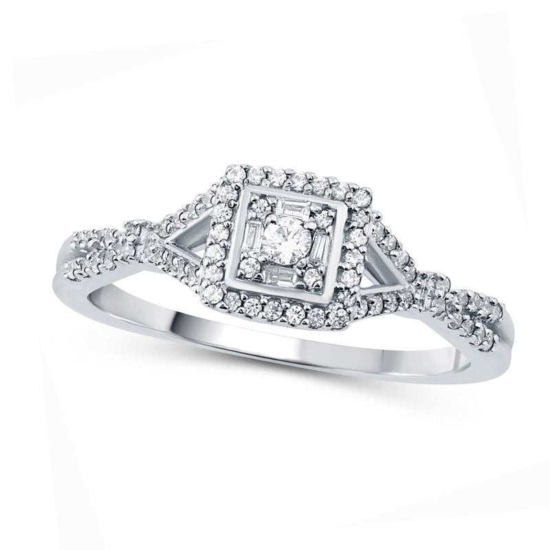 Image of ID 1 025 CT TW Natural Diamond Square Frame Split Shank Promise Ring in Solid 10K White Gold