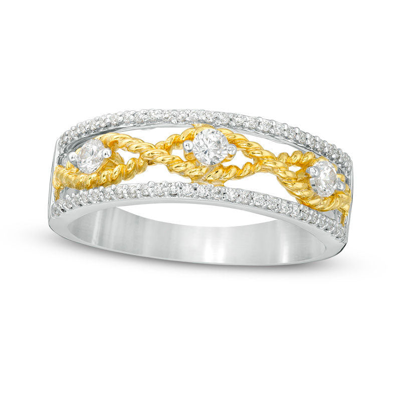 Image of ID 1 025 CT TW Natural Diamond Three Stone Rope Twist center Ring in Sterling Silver and Solid 10K Yellow Gold