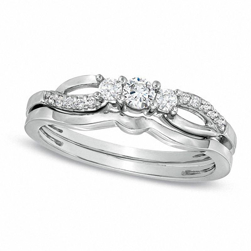 Image of ID 1 025 CT TW Natural Diamond Three Stone Split Shank Bridal Engagement Ring Set in Sterling Silver