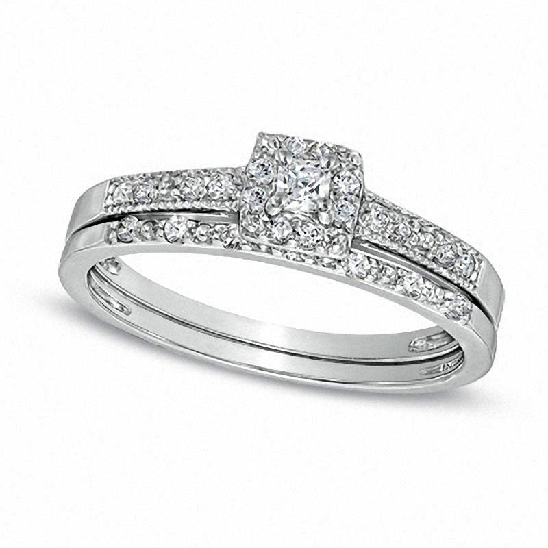 Image of ID 1 025 CT TW Princess-Cut Natural Diamond Frame Bridal Engagement Ring Set in Sterling Silver