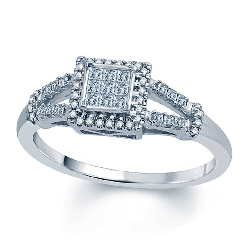 Image of ID 1 025 CT TW Princess-Cut Natural Diamond Square Cluster Frame Promise Ring in Solid 10K White Gold