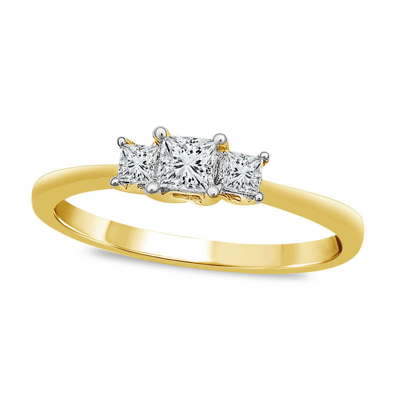 Image of ID 1 025 CT TW Princess-Cut Natural Diamond Three Stone Engagement Ring in Solid 10K Yellow Gold