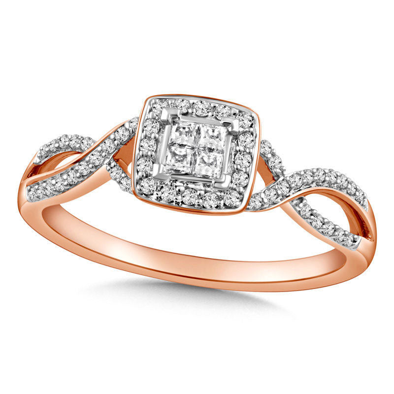 Image of ID 1 025 CT TW Quad Princess-Cut Natural Diamond Frame Twist Shank Promise Ring in Solid 10K Rose Gold