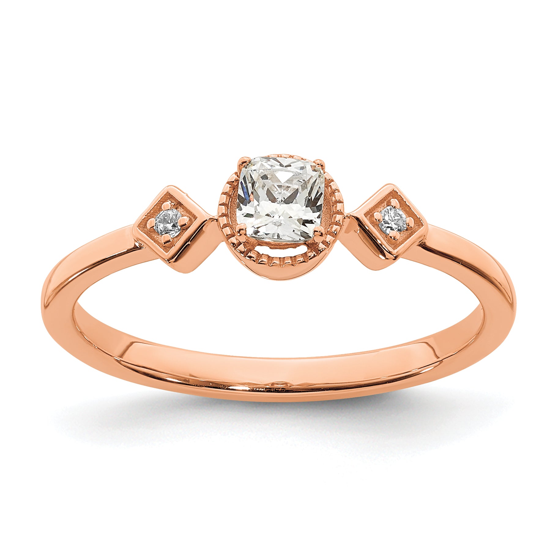 Image of ID 1 025ct CZ Solid Real 14k Rose Polish Petite Beaded Edge Cushion Complete Dia Ring