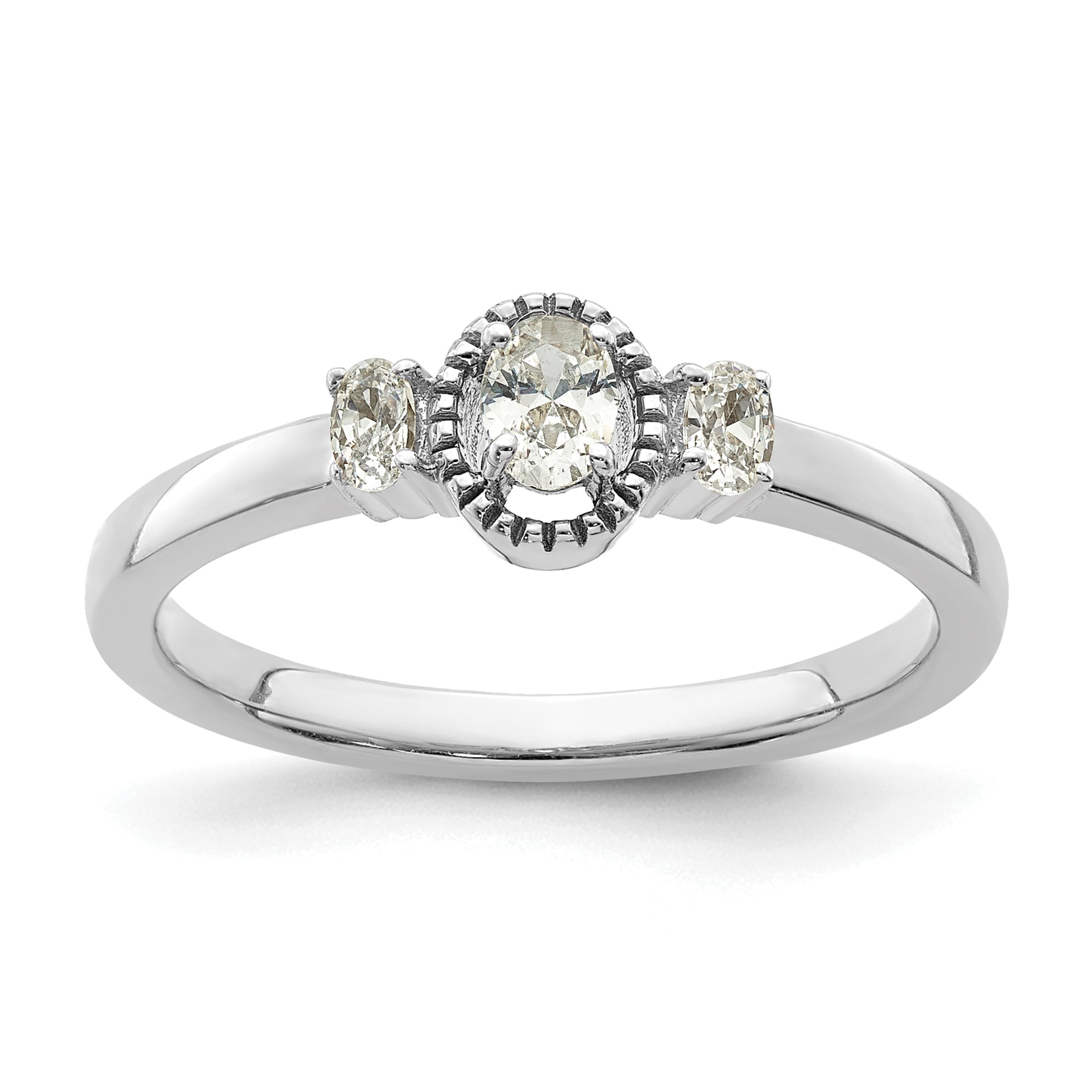 Image of ID 1 025ct CZ Solid Real 14k White Polish Beaded Edges 3 stone Oval Complete Dia Ring