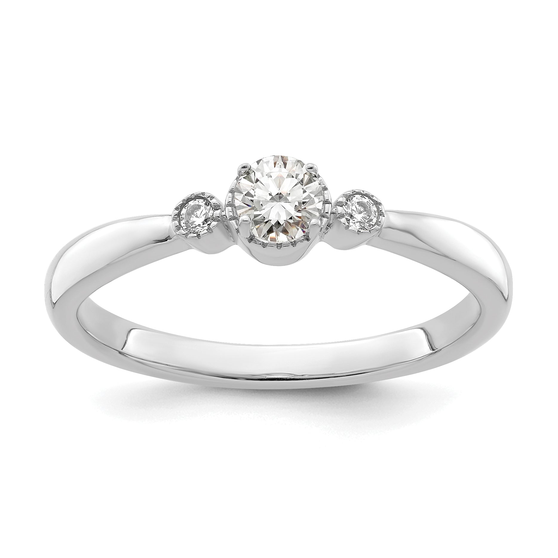 Image of ID 1 025ct CZ Solid Real 14k White Polish Petite Beaded Edge Round Complete Dia Ring