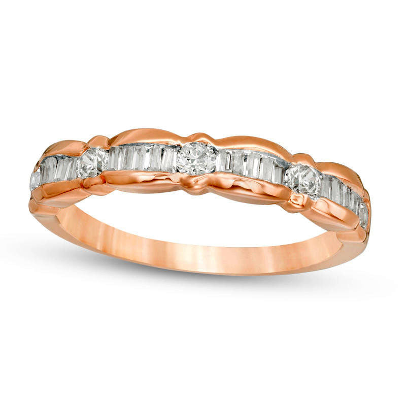 Image of ID 1 033 CT TW Baguette and Round Natural Diamond Scallop Wedding Band in Solid 10K Rose Gold
