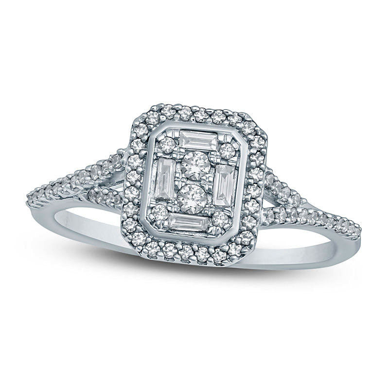 Image of ID 1 033 CT TW Composite Baguette and Round Natural Diamond Octagon Frame Split Shank Ring in Solid 10K White Gold