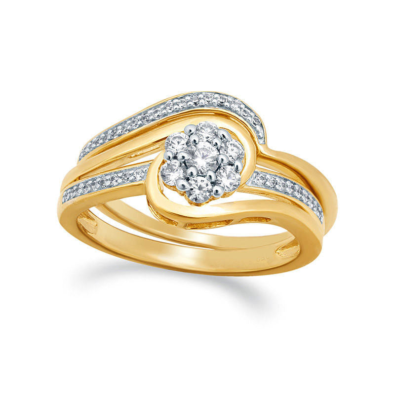 Image of ID 1 033 CT TW Composite Natural Diamond Flower Swirl Bypass Bridal Engagement Ring Set in Solid 10K Yellow Gold