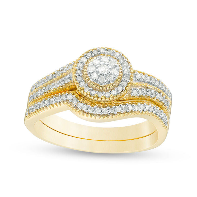 Image of ID 1 033 CT TW Composite Natural Diamond Frame Milgrain Bridal Engagement Ring Set in Solid 10K Yellow Gold