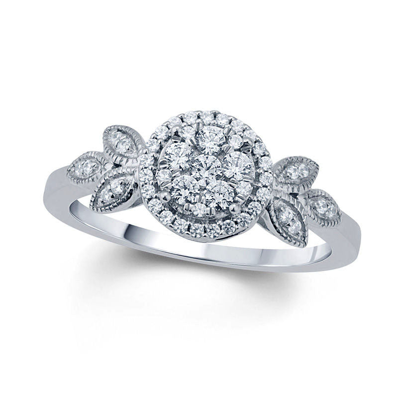 Image of ID 1 033 CT TW Composite Natural Diamond Frame Petal Tri-Sides Antique Vintage-Style Engagement Ring in Solid 10K White Gold