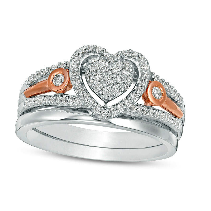 Image of ID 1 033 CT TW Composite Natural Diamond Heart Bridal Engagement Ring Set in Sterling Silver and Solid 10K Rose Gold