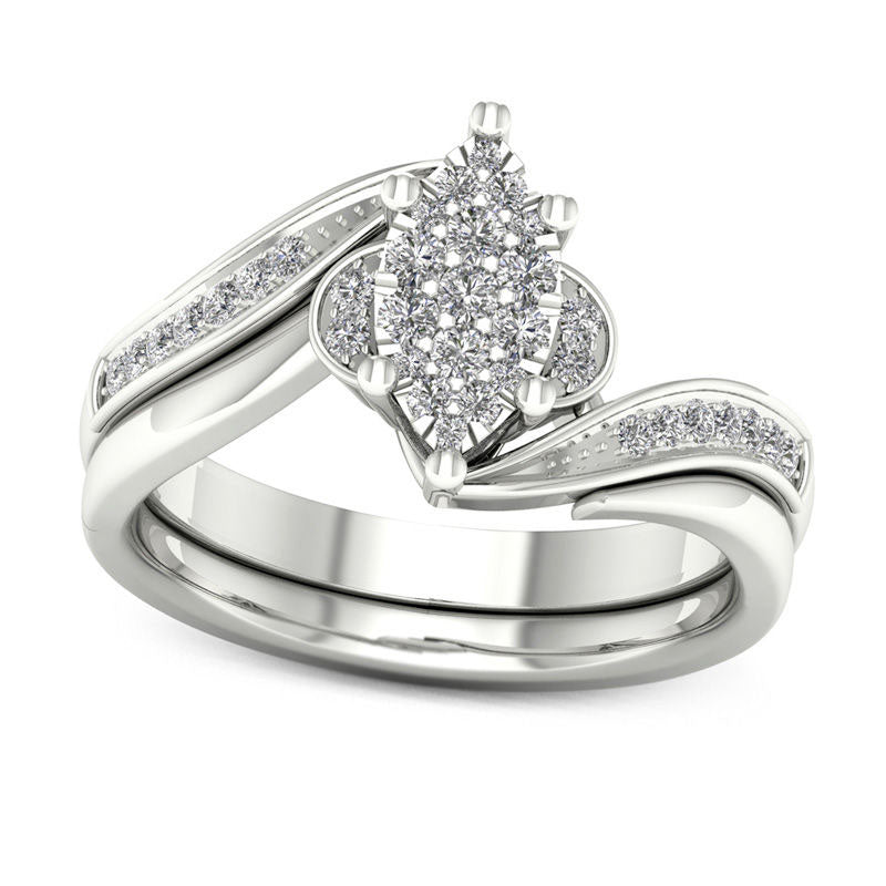Image of ID 1 033 CT TW Composite Natural Diamond Marquise Bypass Bridal Engagement Ring Set in Solid 14K White Gold