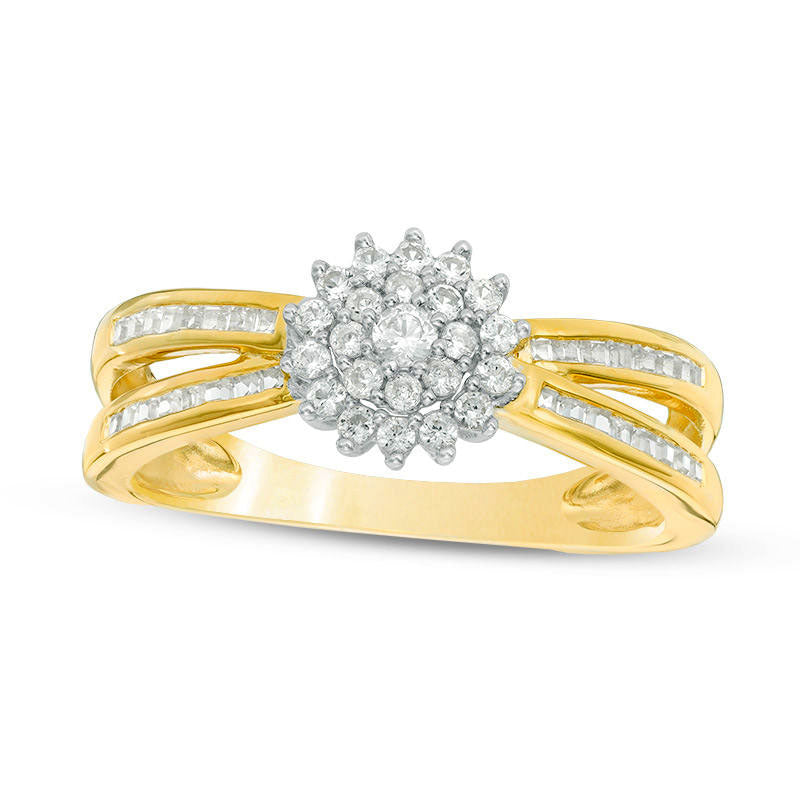 Image of ID 1 033 CT TW Composite Natural Diamond Sunburst Split Shank Ring in Sterling Silver with Solid 14K Gold Plate