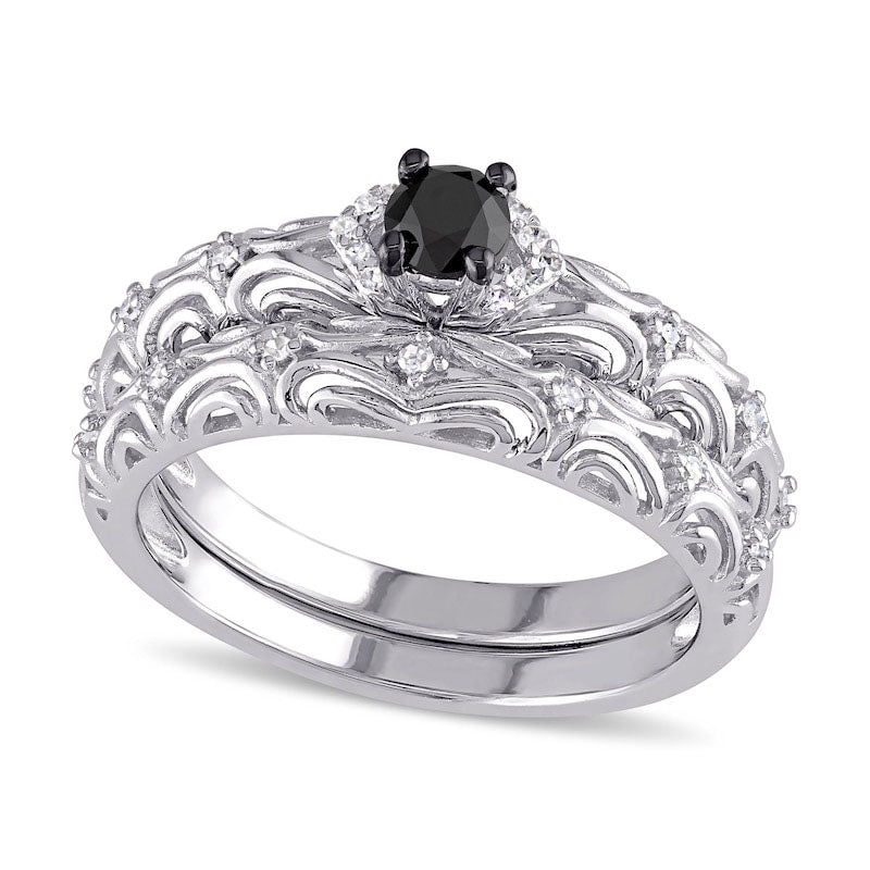 Image of ID 1 033 CT TW Enhanced Black and White Natural Diamond Filigree Bridal Engagement Ring Set in Sterling Silver