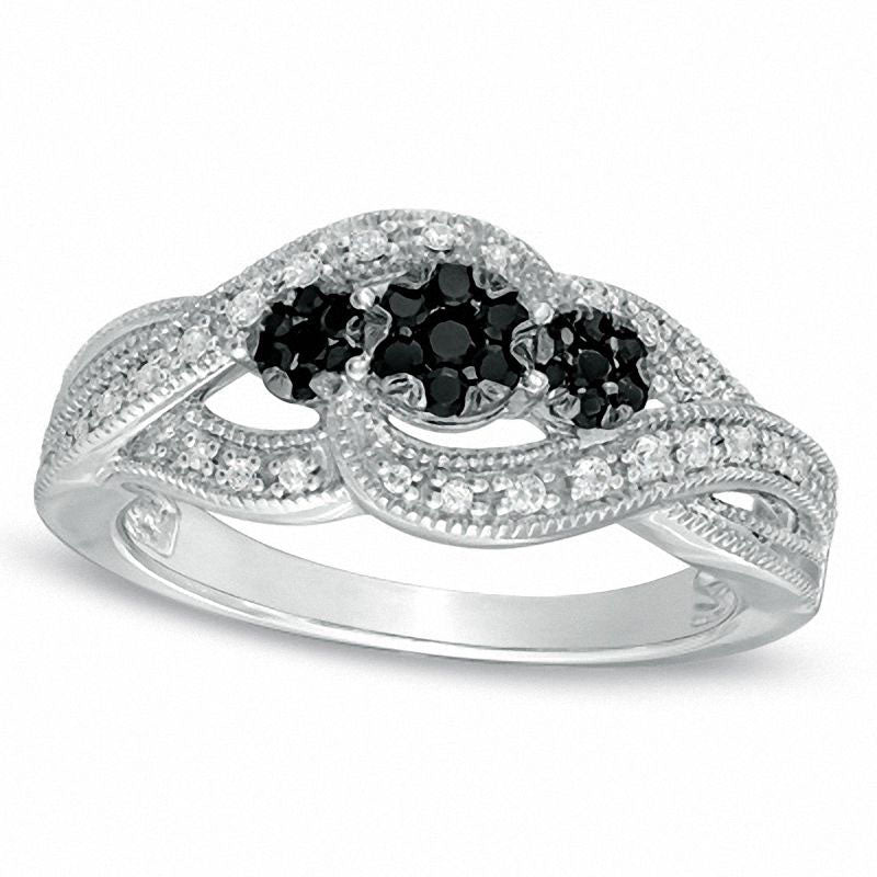 Image of ID 1 033 CT TW Enhanced Black and White Natural Diamond Three Stone Cluster Ring in Sterling Silver