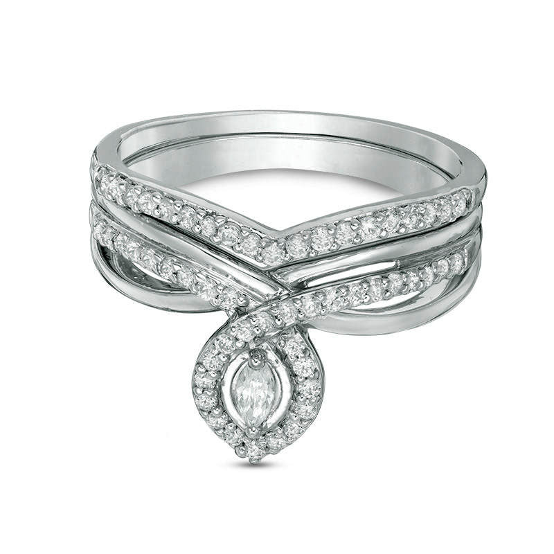 Image of ID 1 033 CT TW Marquise Natural Diamond Frame Twist Shank Bridal Engagement Ring Set in Sterling Silver