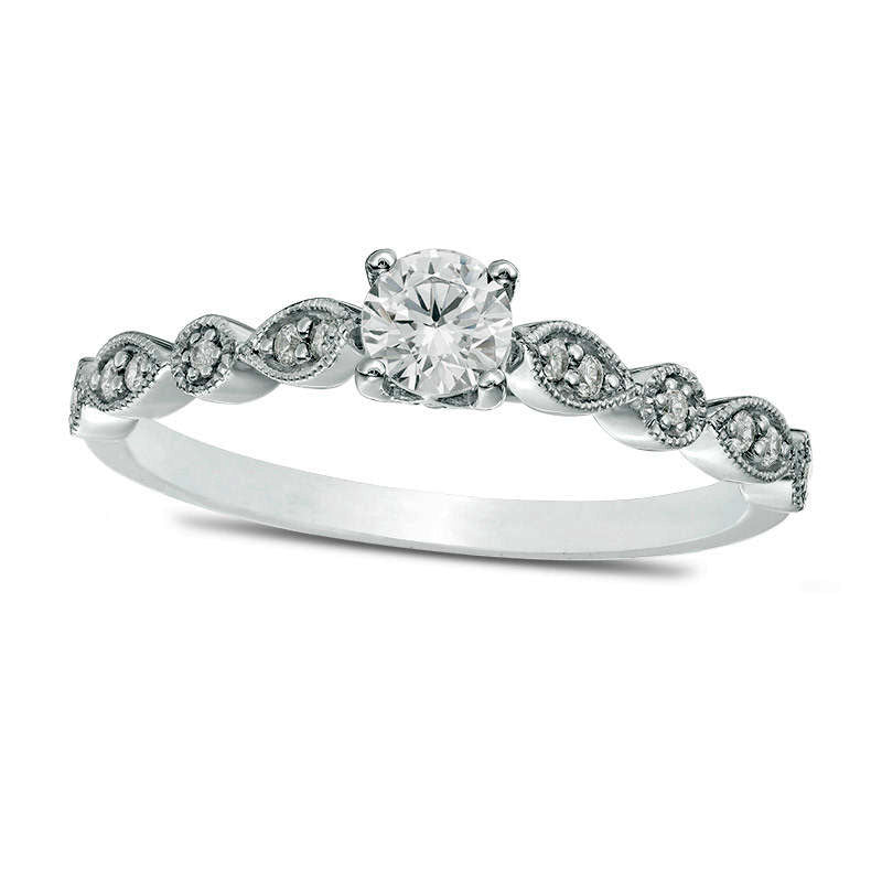 Image of ID 1 033 CT TW Natural Diamond Alternating Shaped Shank Antique Vintage-Style Engagement Ring in Solid 14K White Gold