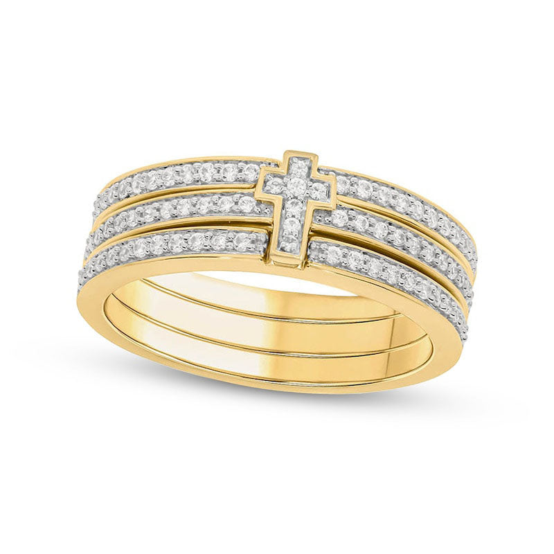 Image of ID 1 033 CT TW Natural Diamond Cross Stack Ring Set in Sterling Silver with Solid 14K Gold Plate