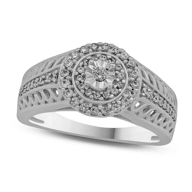 Image of ID 1 033 CT TW Natural Diamond Double Frame Vine-Pattern Shank Engagement Ring in Sterling Silver