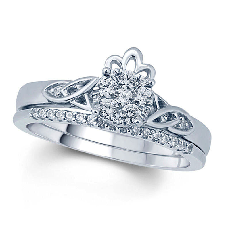 Image of ID 1 033 CT TW Natural Diamond Flower Cluster Celtic Trinity Knot and Crown Bridal Engagement Ring Set in Solid 10K White Gold