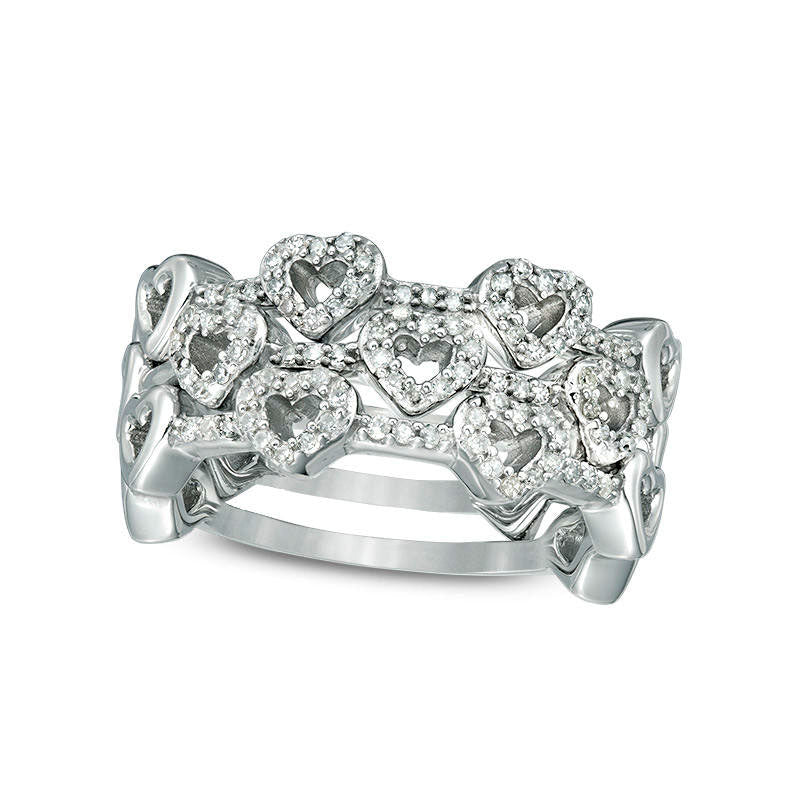 Image of ID 1 033 CT TW Natural Diamond Heart Outline Three Piece Stackable Band Set in Sterling Silver