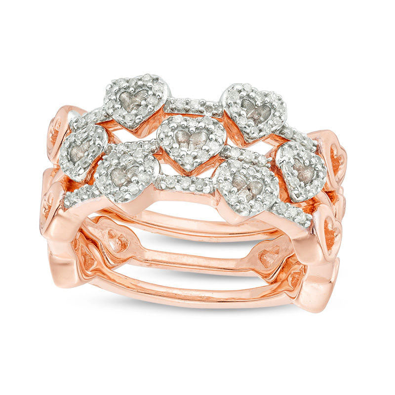 Image of ID 1 033 CT TW Natural Diamond Heart Outline Three Piece Stackable Band Set in Sterling Silver with Solid 14K Rose Gold Plate