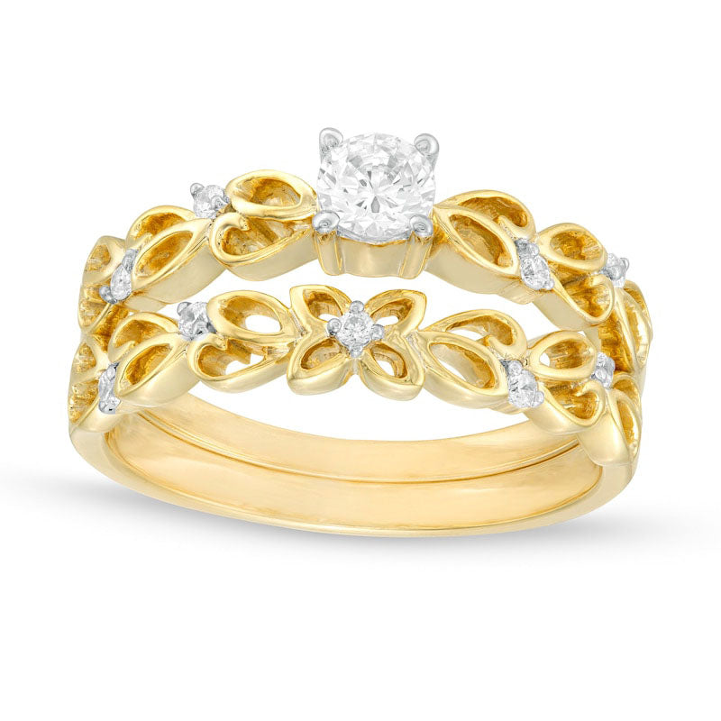 Image of ID 1 033 CT TW Natural Diamond Open Floral Bridal Engagement Ring Set in Solid 10K Yellow Gold