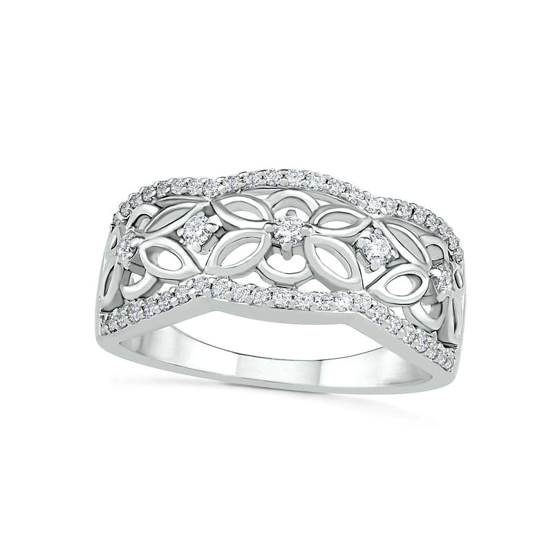 Image of ID 1 033 CT TW Natural Diamond Ornate Flower Scallop-Edge Ring in Sterling Silver