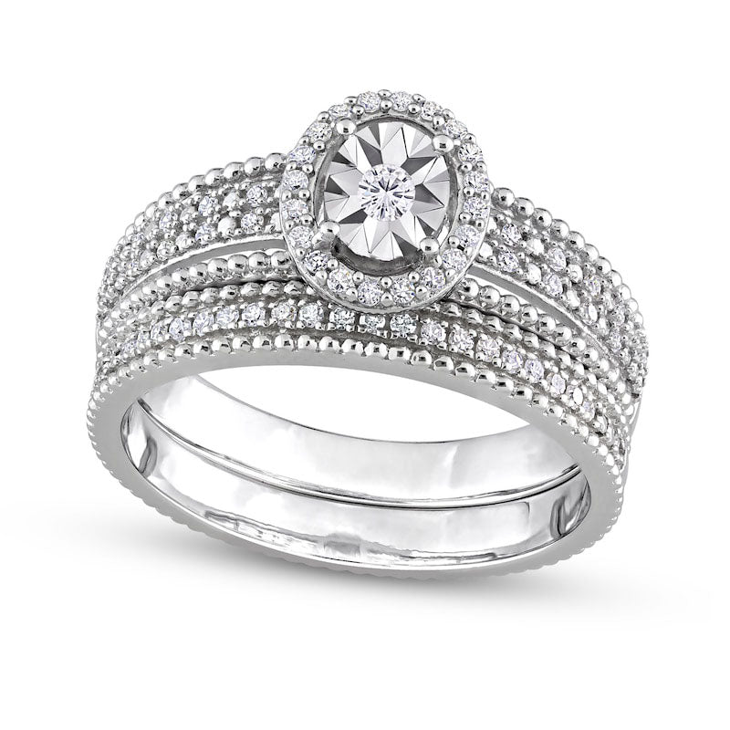 Image of ID 1 033 CT TW Natural Diamond Oval Frame Beaded Multi-Row Bridal Engagement Ring Set in Sterling Silver