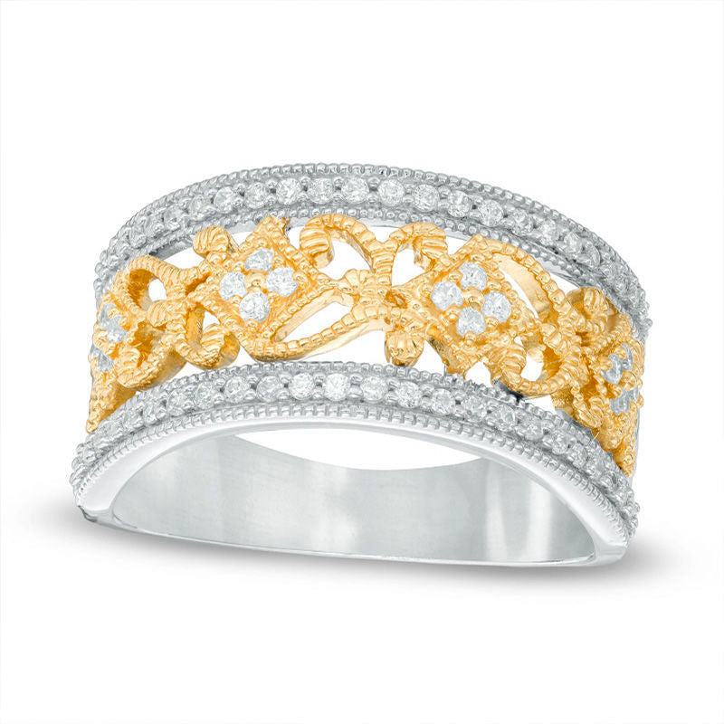 Image of ID 1 033 CT TW Natural Diamond Scroll Antique Vintage-Style Band in Solid 10K Two-Tone Gold