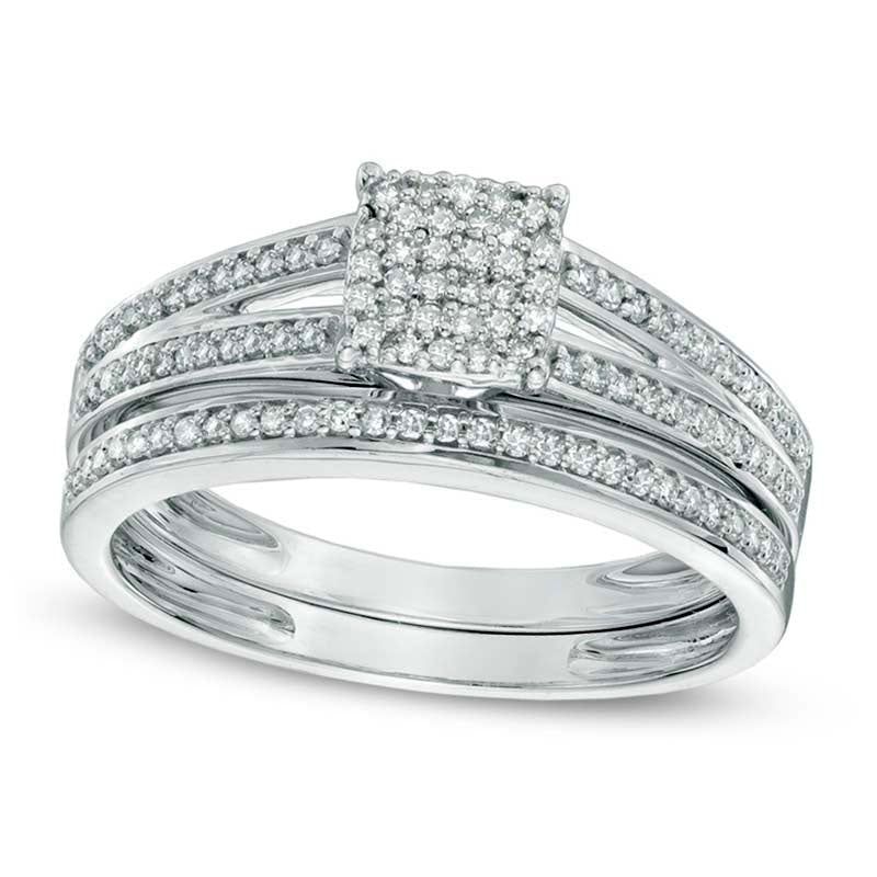 Image of ID 1 033 CT TW Natural Diamond Square Cluster Bridal Engagement Ring Set in Solid 10K White Gold