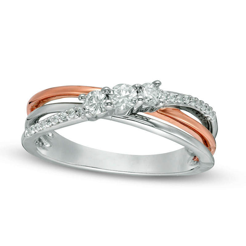 Image of ID 1 033 CT TW Natural Diamond Three Stone Crossover Ring in Solid 10K Two-Tone Gold