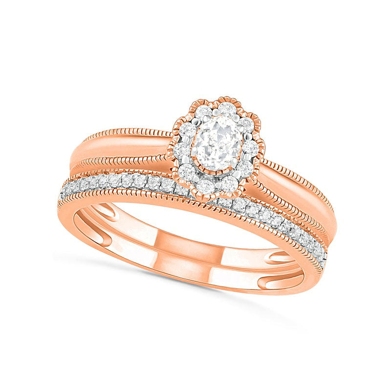 Image of ID 1 033 CT TW Oval Natural Diamond Scallop Frame Antique Vintage-Style Bridal Engagement Ring Set in Solid 10K Rose Gold